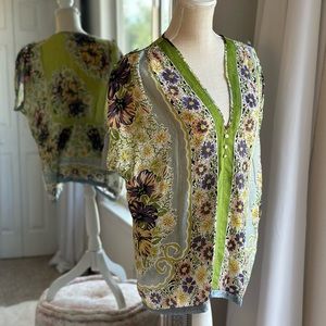 Johnny Was Green Floral Blouse